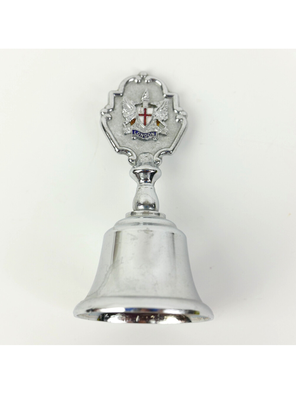 Vintage London Souvenir Hand Bell UK Coat of Arms Crest Chrome Plated Metal 3.8"